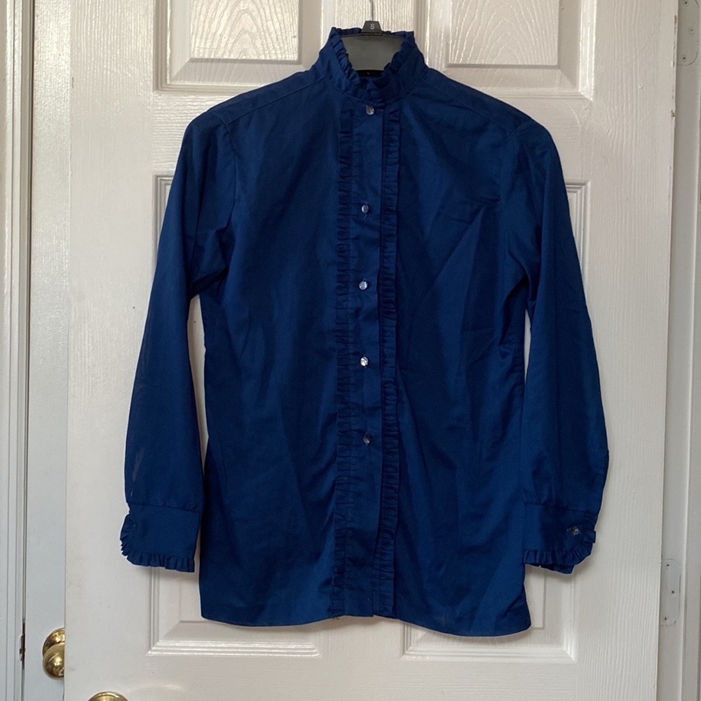 VTG 70’s Navy Cobalt Blue High Neck Ruffle Tuxedo Blouse Shirt